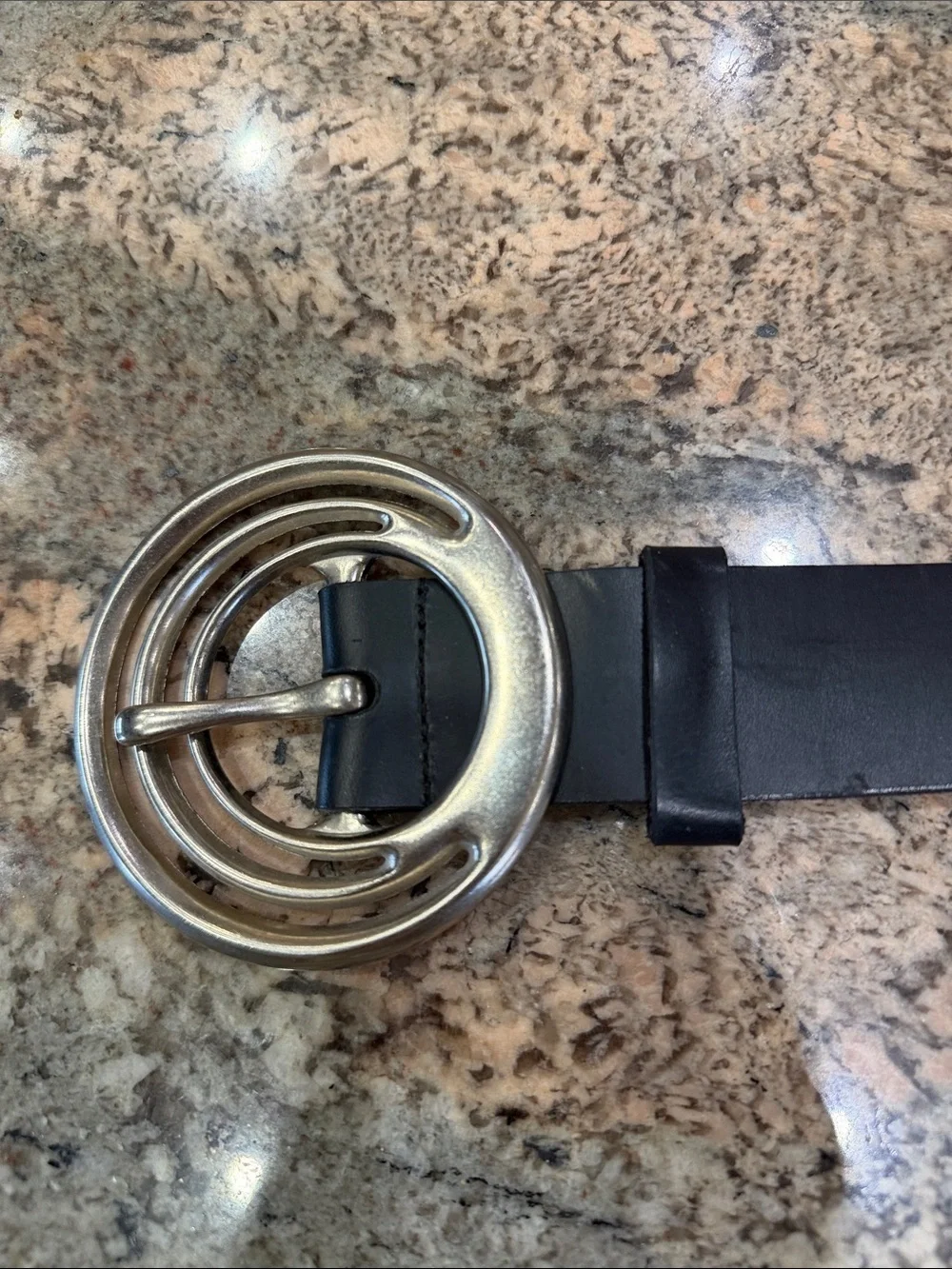 Silpada Black Leather Belt with Double Silver Ring Buckle